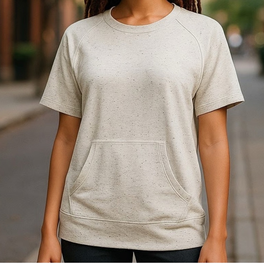 NWT Mono B Sweatshirt Beige & Charcoal Short Sleeve Kangaroo Pocket Relaxed Fit